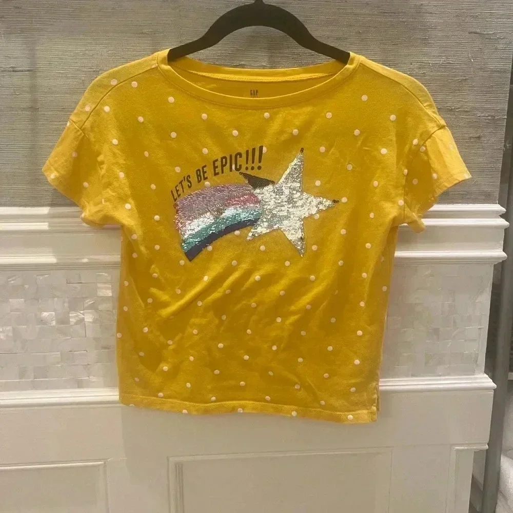 Gap kids sequin flipsy tee shirt yellow polka dot star epic medium